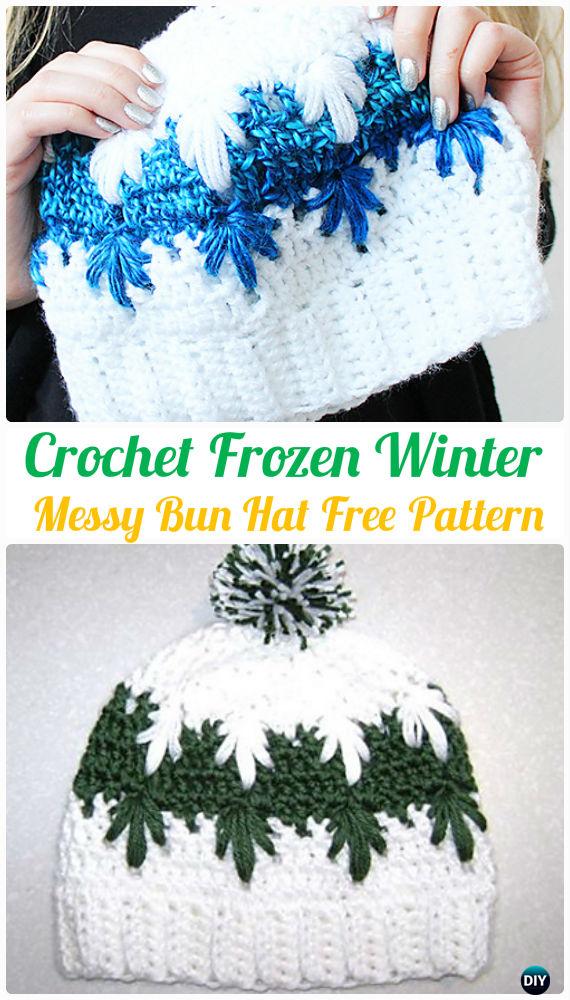 Crochet Frozen Winter Puff Spike Stitch Messy Bun Hat Free Pattern -Crochet Ponytail Messy Bun Hat Free Patterns & Instructions