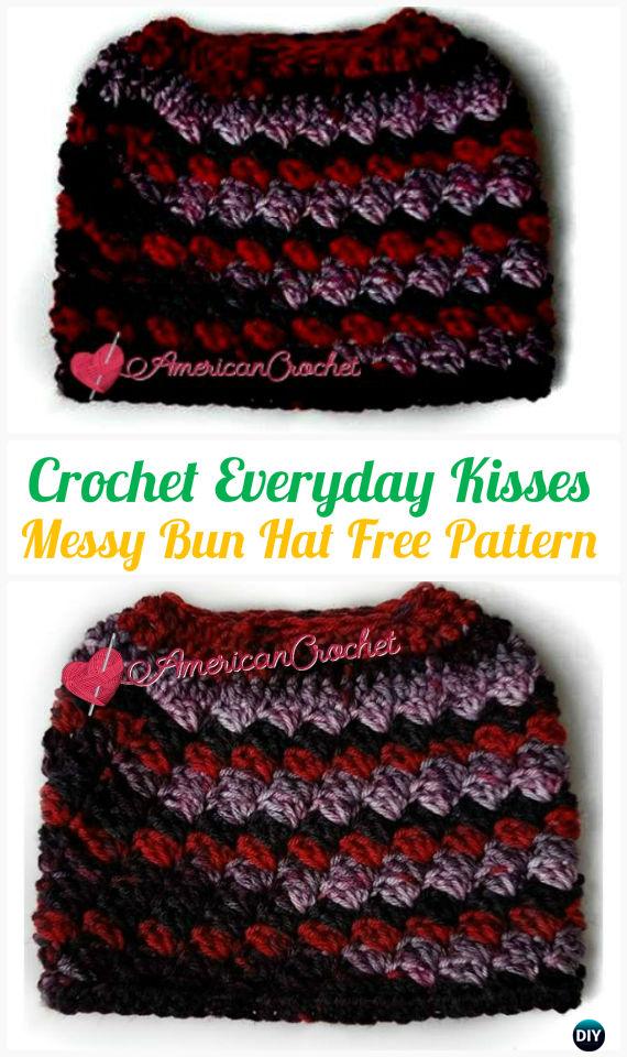Crochet Everyday Kisses Messy Bun Hat Free Pattern -Crochet Ponytail Messy Bun Hat Free Patterns & Instructions