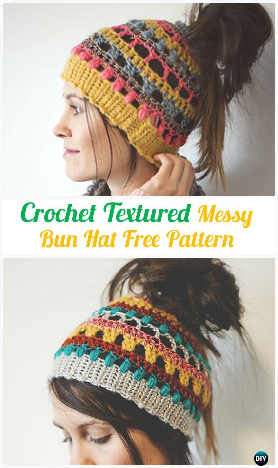 Crochet Multicolor Textured Bun Hat Free Pattern -Crochet Ponytail Messy Bun Hat Free Patterns & Instructions
