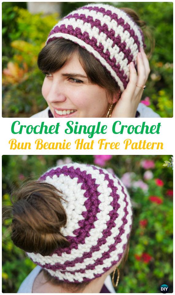 Crochet Single Crochet  Bun Beanie Hat Free Pattern - Crochet Ponytail Messy Bun Hat Free Patterns & Instructions