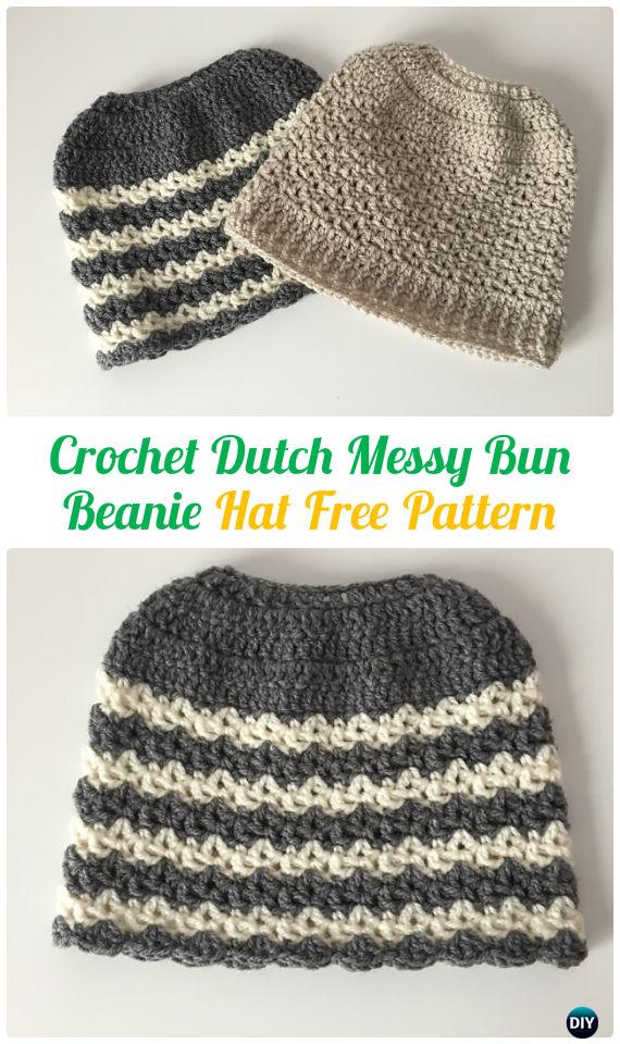 Crochet Dutch Messy Bun Beanie Hat Free Pattern - Crochet Ponytail Messy Bun Hat Free Patterns & Instructions