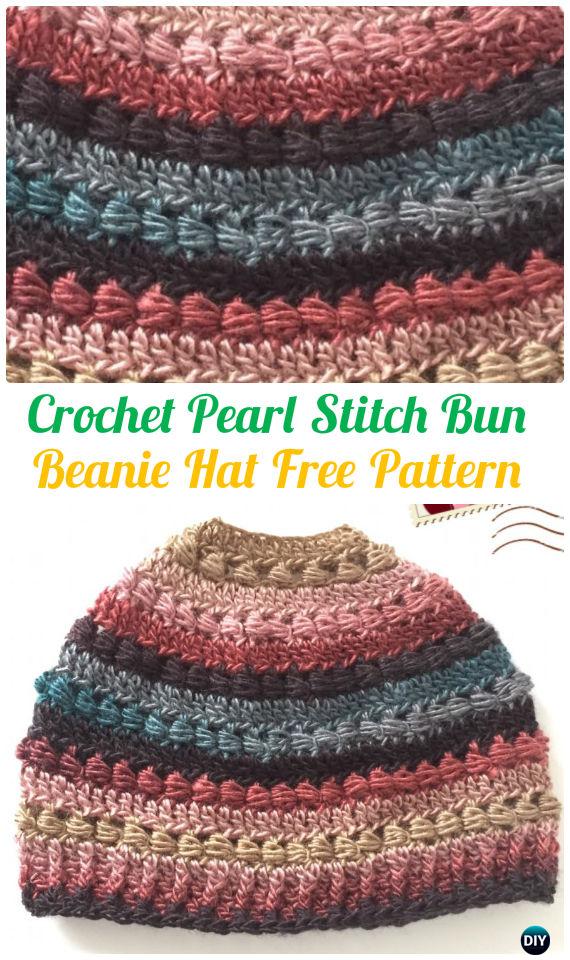 Crochet Pearl Stitch Bun Beanie Hat Free Pattern - Crochet Ponytail Messy Bun Hat Free Patterns & Instruction