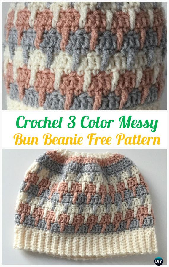 Crochet 3 Color Messy Bun Beanie Hat Free Pattern - Crochet Ponytail Messy Bun Hat Free Patterns & Instructions