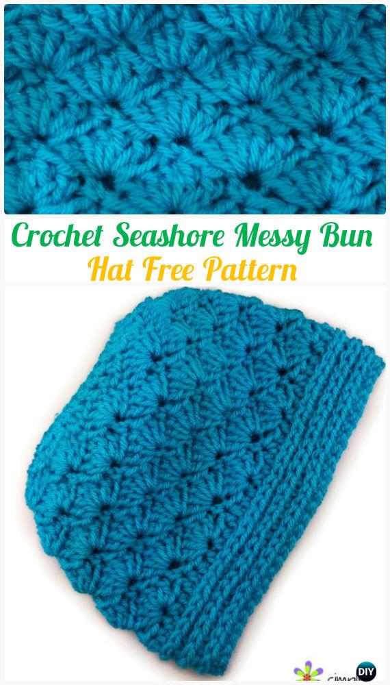 Crochet Seashore Shell Stitch Messy Bun Hat Free Pattern - Crochet Ponytail Messy Bun Hat Free Patterns & Instructions