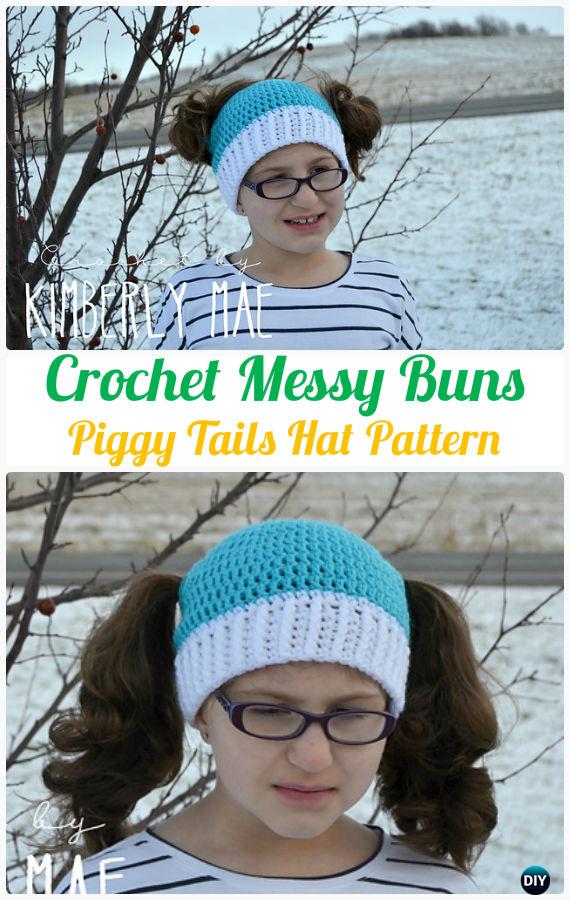 Crochet  Messy Bun Piggy Tail Hat Pattern - Crochet Ponytail Messy Bun Hat Free Patterns & Instructions