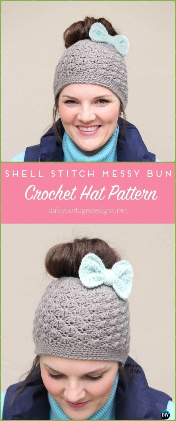 Crochet Shell Stitch Messy Bun Hat Free Pattern - Crochet Ponytail Messy Bun Hat Free Patterns & Instructions