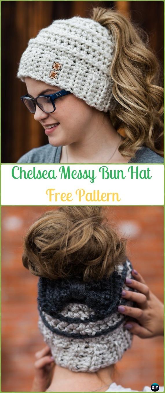 Crochet Chelsea Messy Bun Hat with Bow Free Pattern - Crochet Ponytail Messy Bun Hat Free Patterns & Instructions