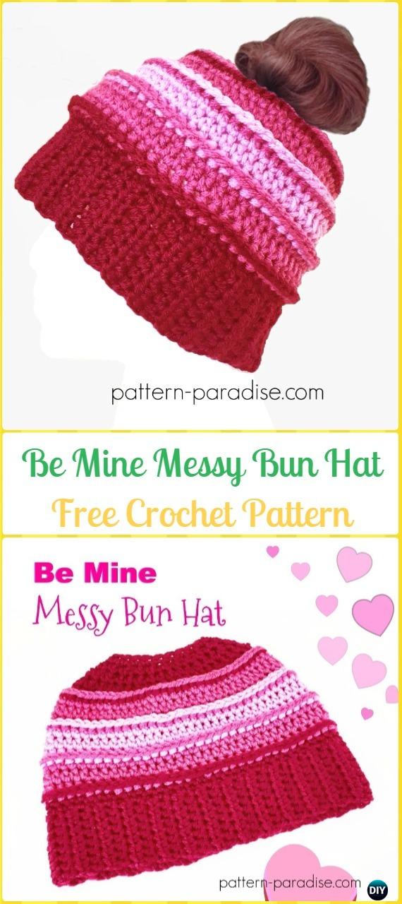 Crochet Be Mine Messy Bun Hat Free Pattern - Crochet Ponytail Messy Bun Hat Free Patterns & Instructions