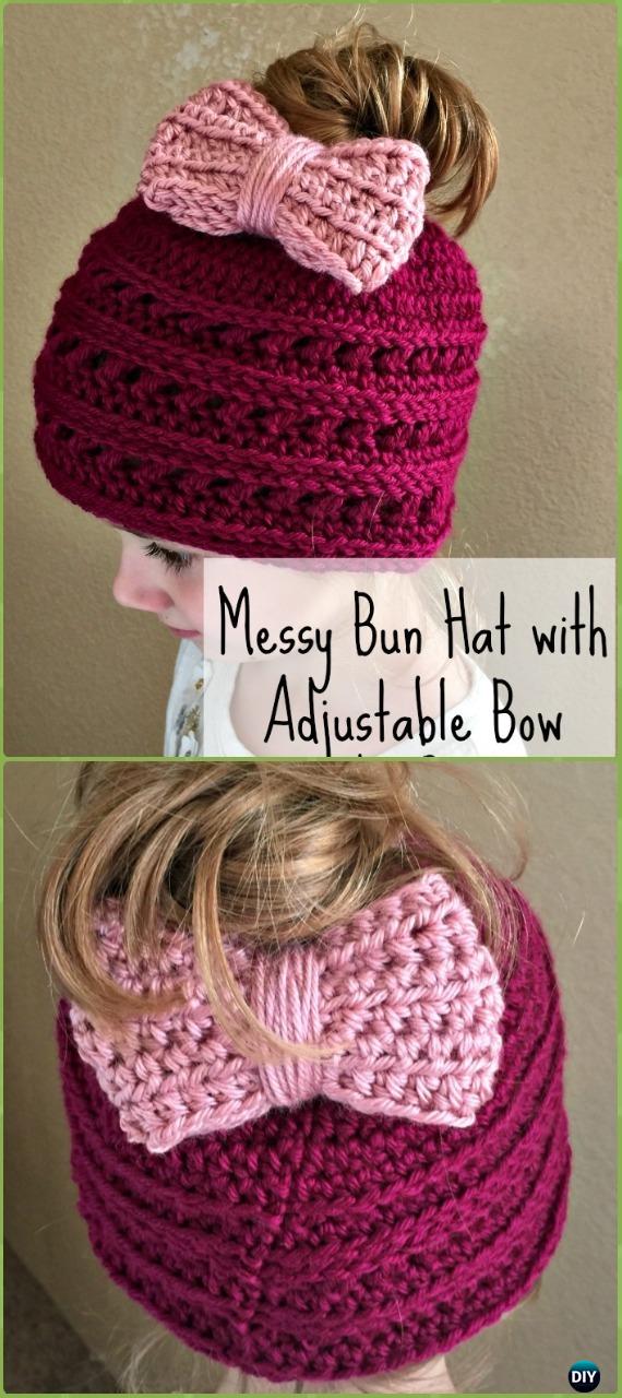 Crochet Messy Bun Hat with Adjustable Bow Free Pattern - Crochet Ponytail Messy Bun Hat Free Patterns & Instructions