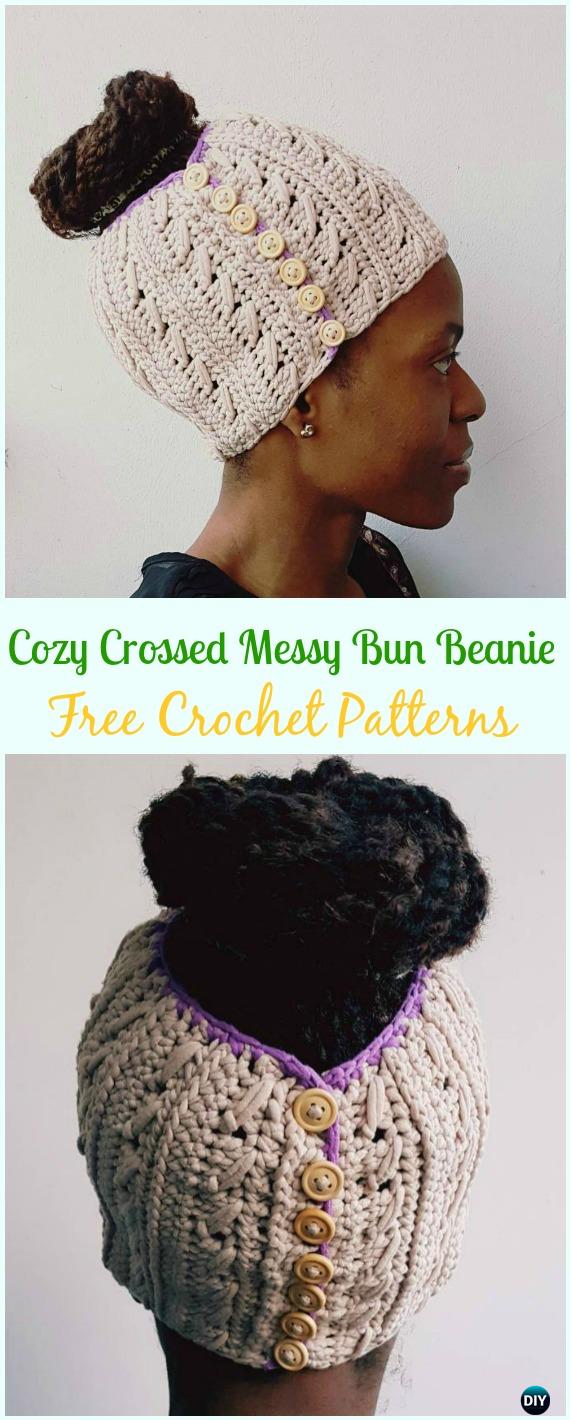 Crochet Cozy Crossed Messy Bun Beanie Free Pattern - Crochet Ponytail Messy Bun Hat Free Patterns & Instructions