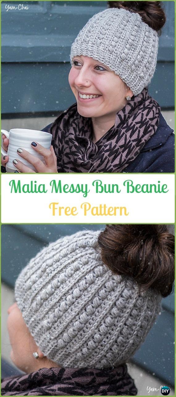 Crochet Malia Messy Bun Beanie Free Pattern - Crochet Ponytail Messy Bun Hat Free Patterns & Instructions