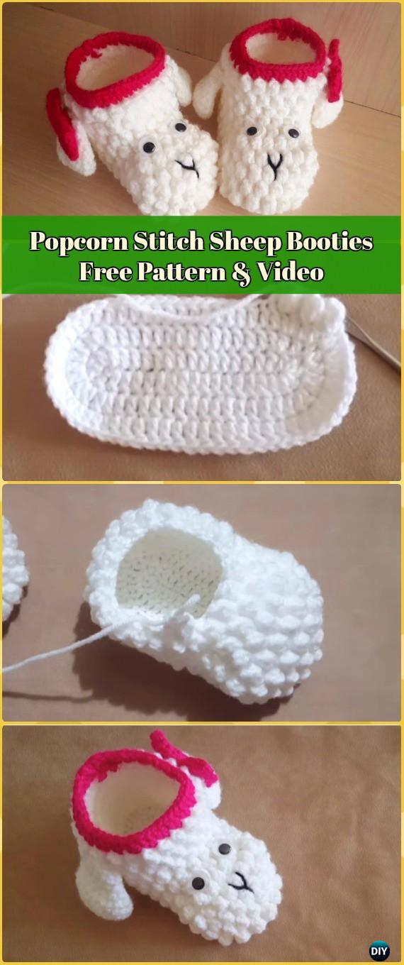 Crochet Popcorn Stitch Sheep Baby Booties Free Pattern & Video - Crochet Baby Booties Slippers Free Patterns