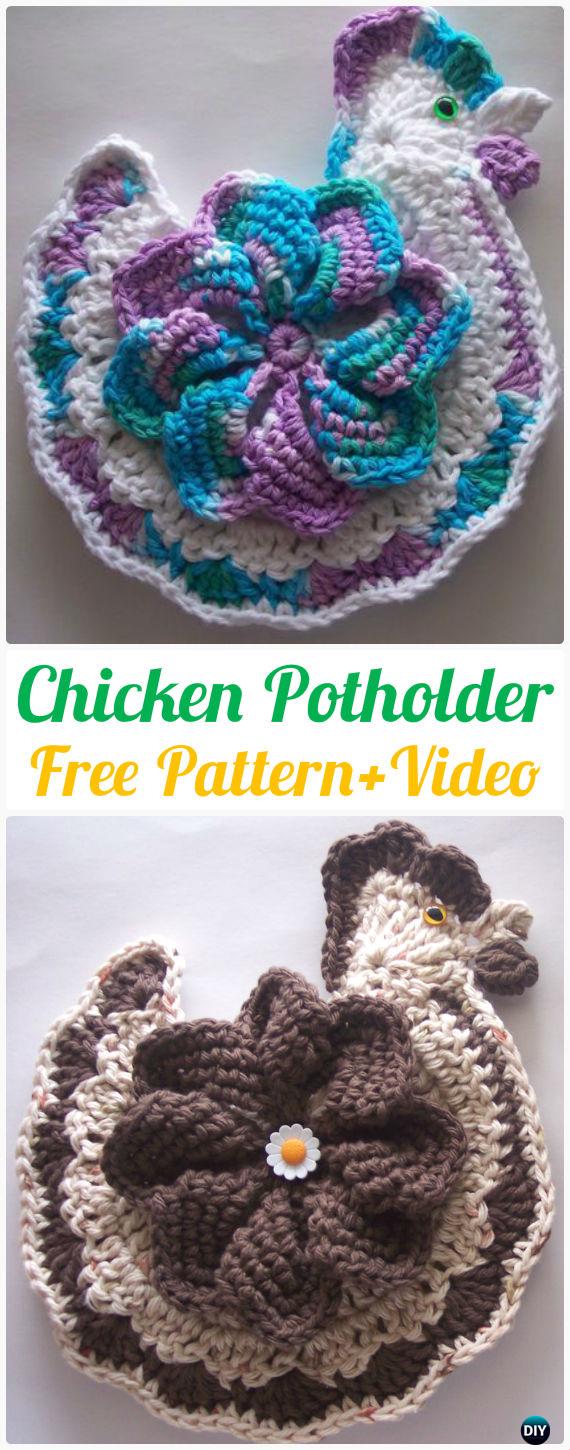 Crochet Chicken Potholder Free Pattern+Video - Crochet Pot Holder Hotpad Free Patterns