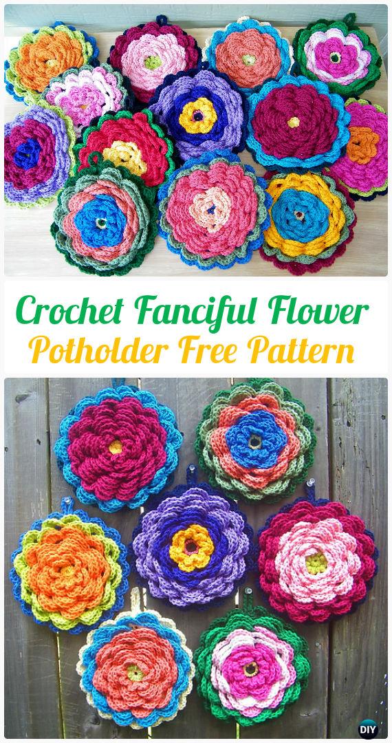 Crochet Fanciful Flower Potholder Free Pattern-  #PotHolder; Hotpad Crochet Free Patterns