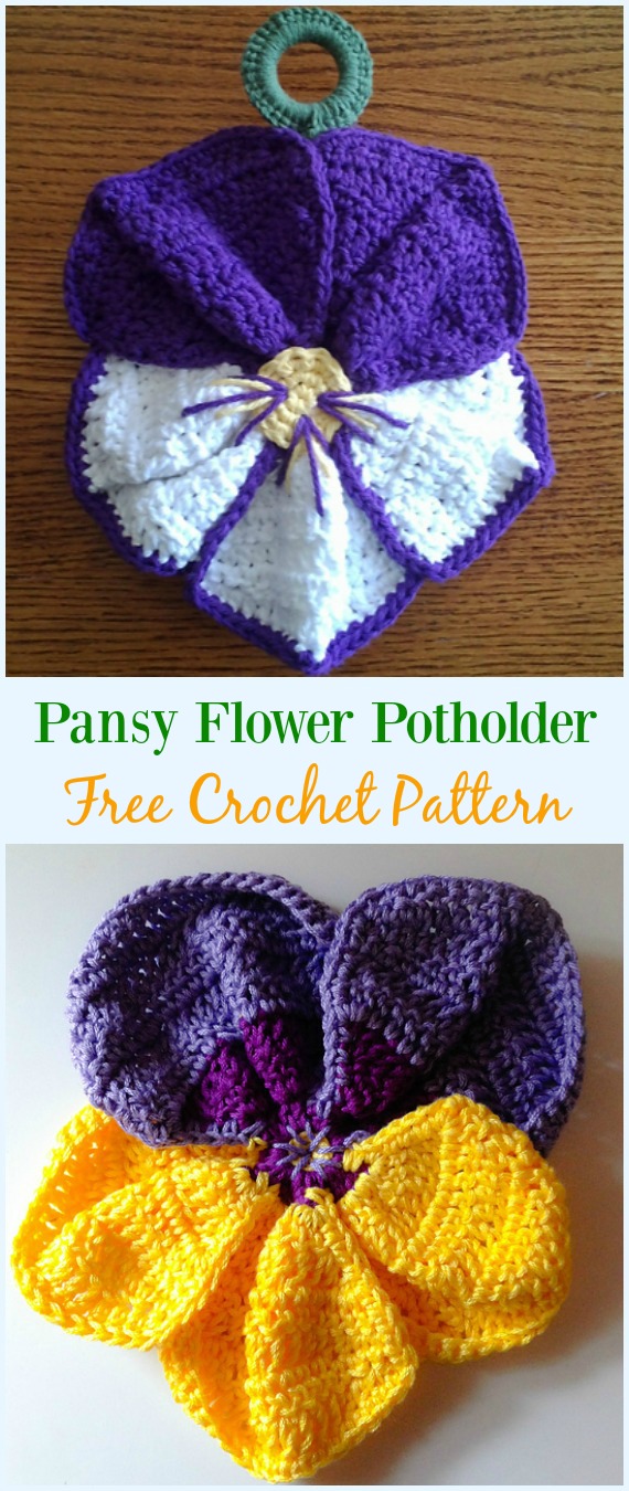 Crochet Spring Pansy Potholder Free Pattern- #Crochet; # Potholder Hotpad Free Patterns