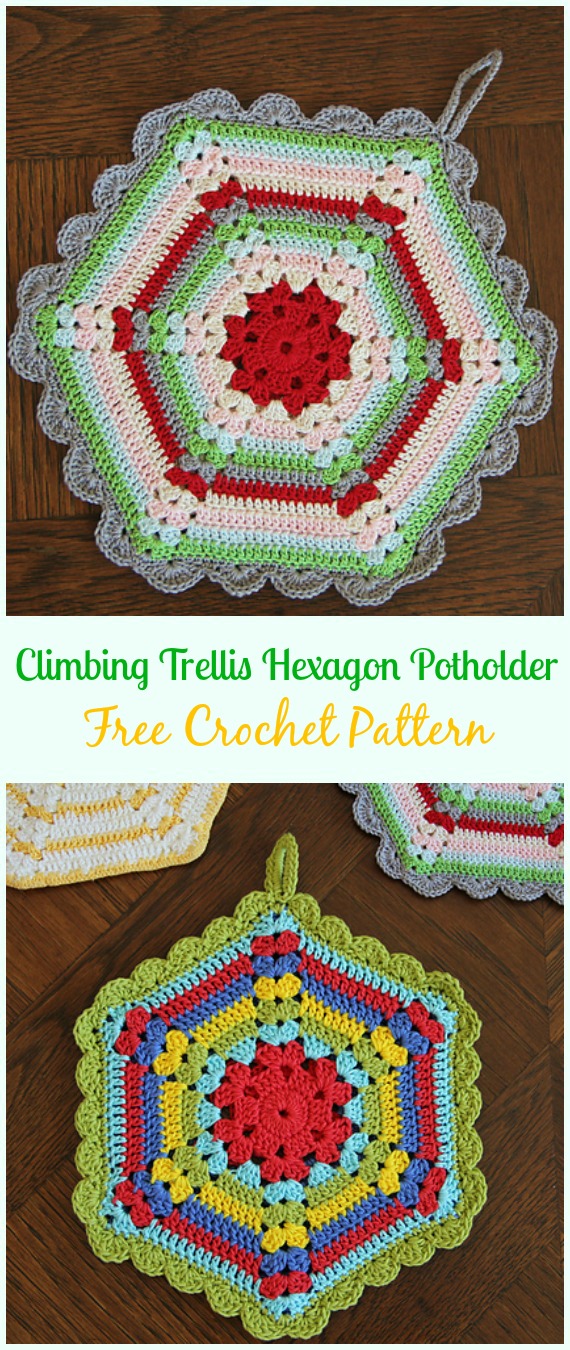 Vintage Crochet Climbing Trellis Hexagon Potholder Free Pattern- #Crochet; # Potholder Hotpad Free Patterns