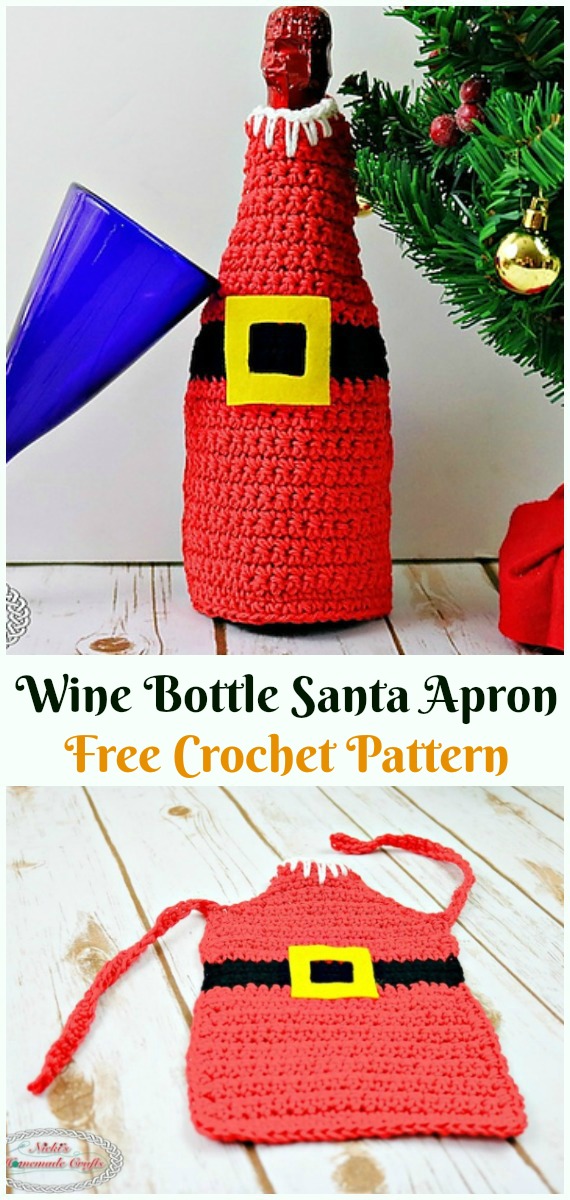 Wine Bottle Santa Apron Crochet Free Pattern - #Crochet;  #Santa Clause Free Patterns