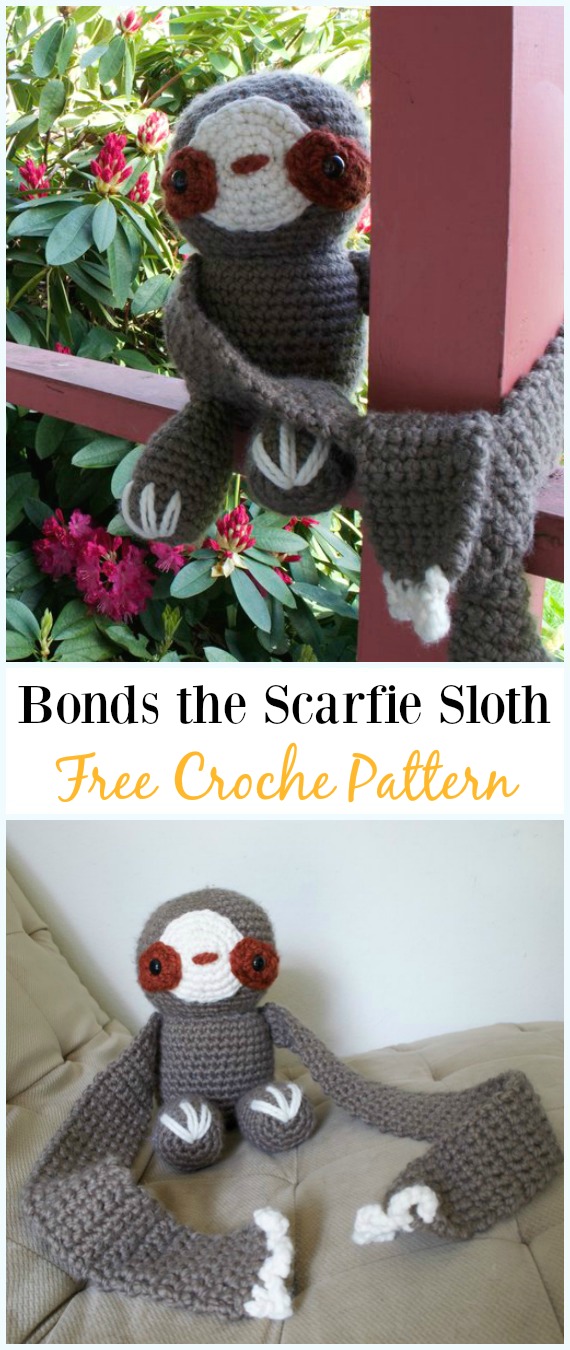 Amigurumi Crochet Bonds the Scarfie Sloth Free Pattern -Crochet #Sloth; #Amigurumi; Toy Softies Free PatternsFree Patterns