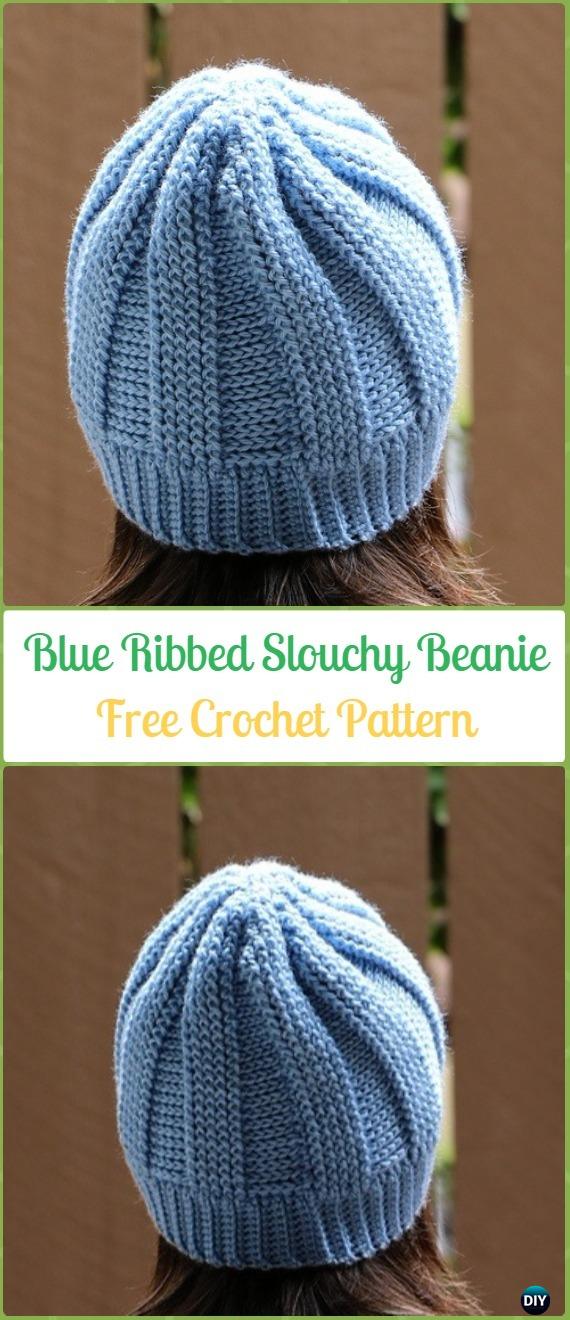 Crochet Blue Ribbed Slouchy Beanie Free Patterns -Crochet Slouchy Beanie Hat Free Patterns 