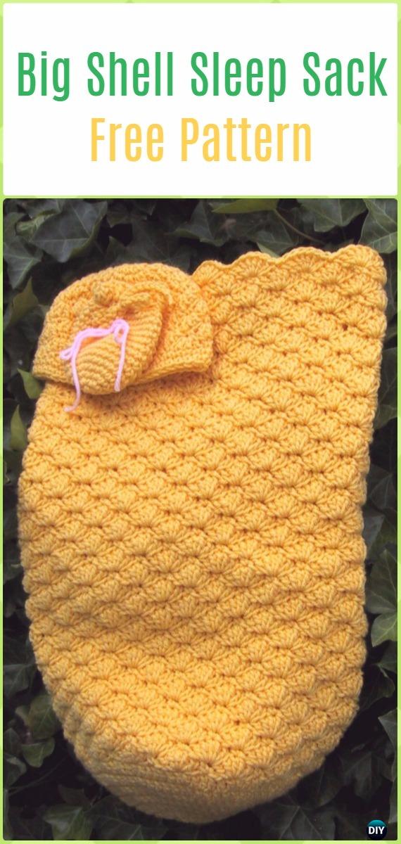 Crochet Big Shell Sleep Sack, Cap& Mitts Free Pattern - Crochet Snuggle Sack & Cocoon Free Patterns