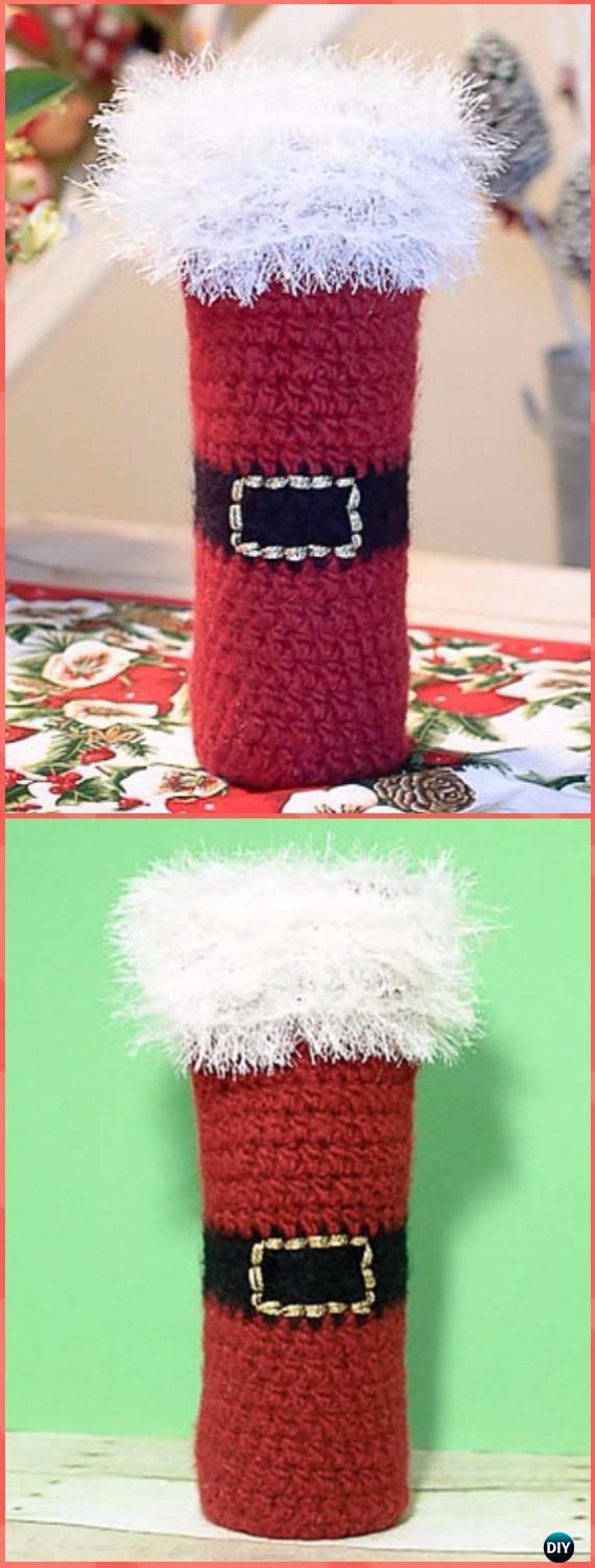 Crochet Felted Santa Wine Bottle Tote Free Pattern - Crochet Wine Bottle Cozy Bag & Sack Free Patterns