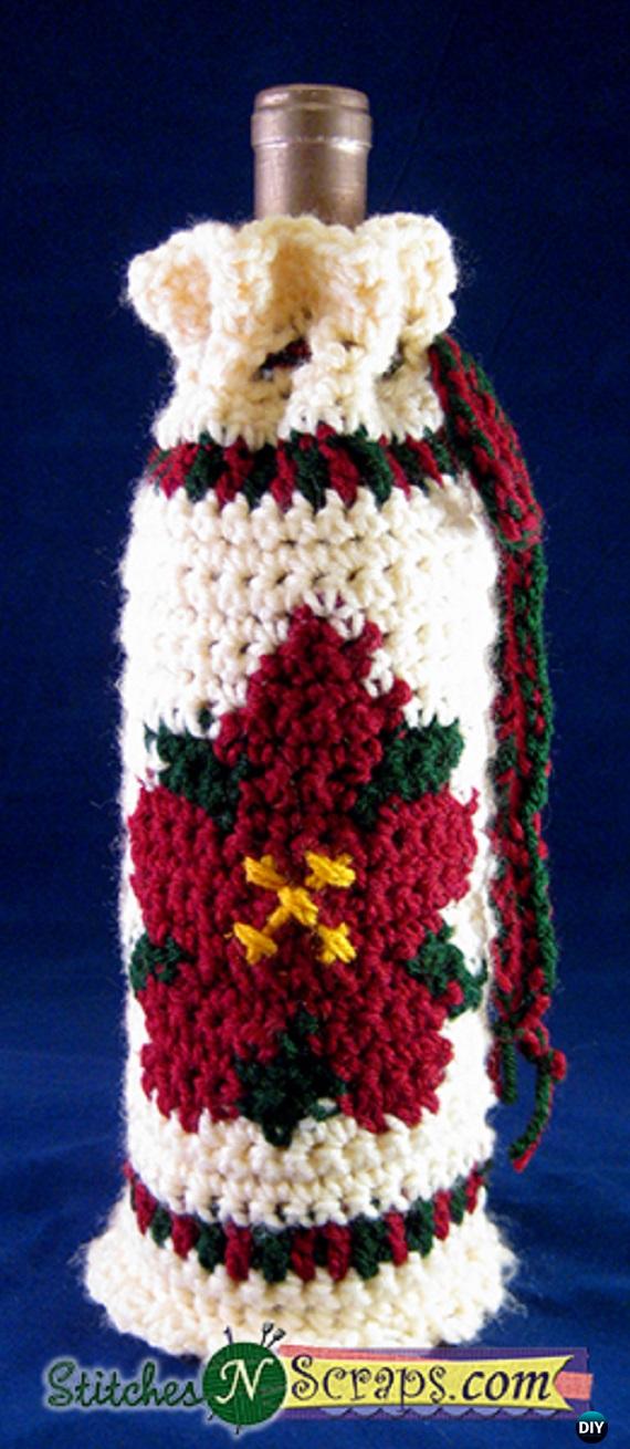 Crochet Poinsettia Bottle Cozy Free Pattern - Crochet Wine Bottle Cozy Bag & Sack Free Patterns