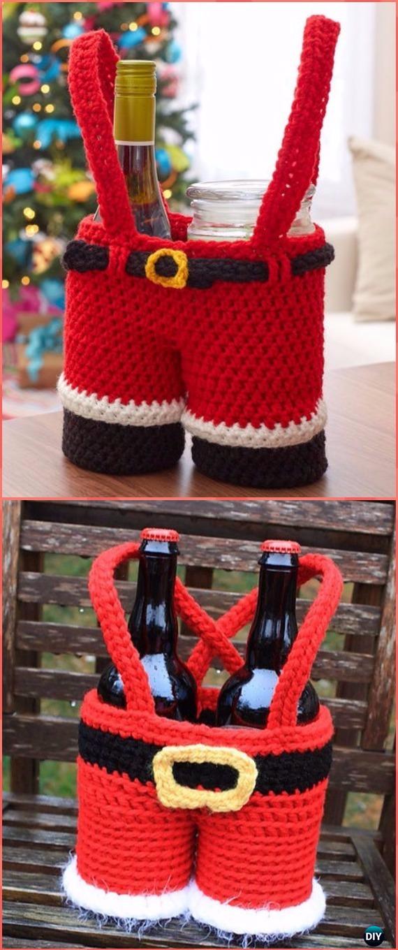 Crochet Santa Pants Gift Basket Free Pattern - Crochet Wine Bottle Cozy Bag & Sack Free Patterns
