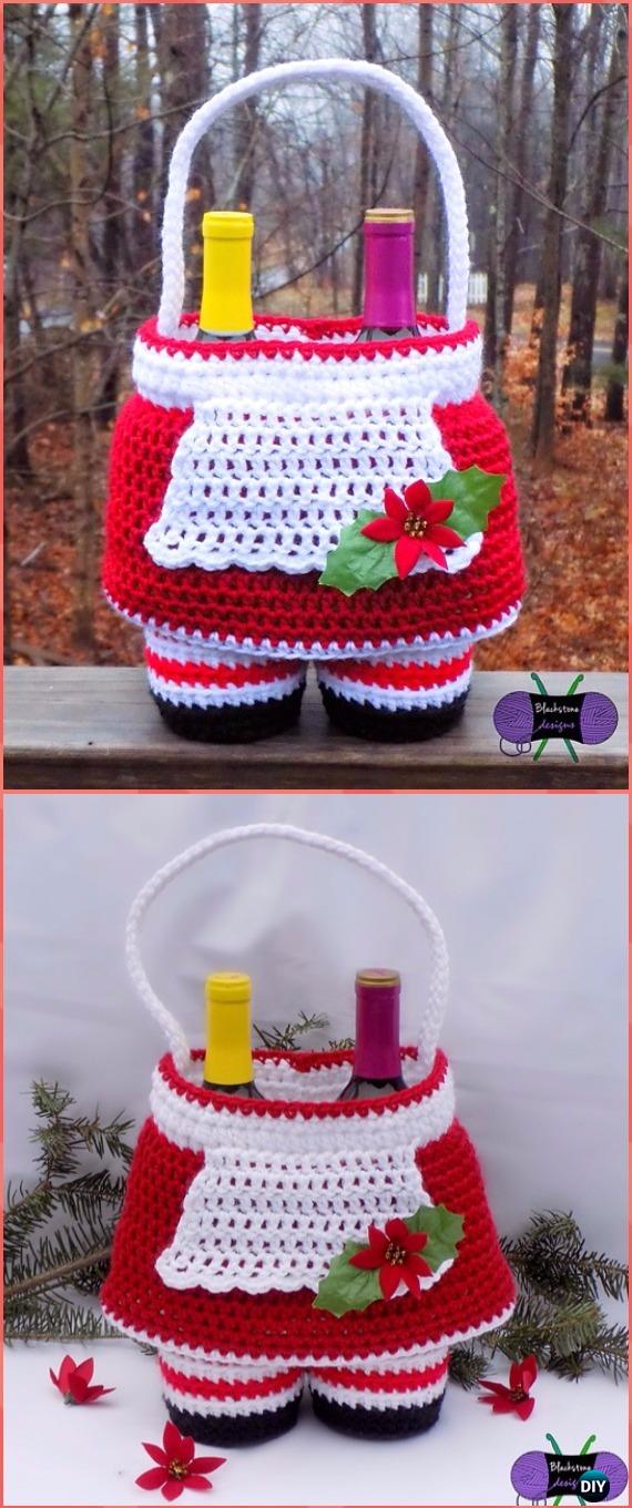 Crochet Mrs. Claus Gift Basket Paid Pattern - Crochet Wine Bottle Cozy Bag & Sack Free Patterns