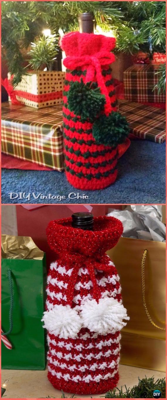 Crochet Holiday Spirit Bottle Bag Free Pattern - Crochet Wine Bottle Cozy Bag & Sack Free Patterns