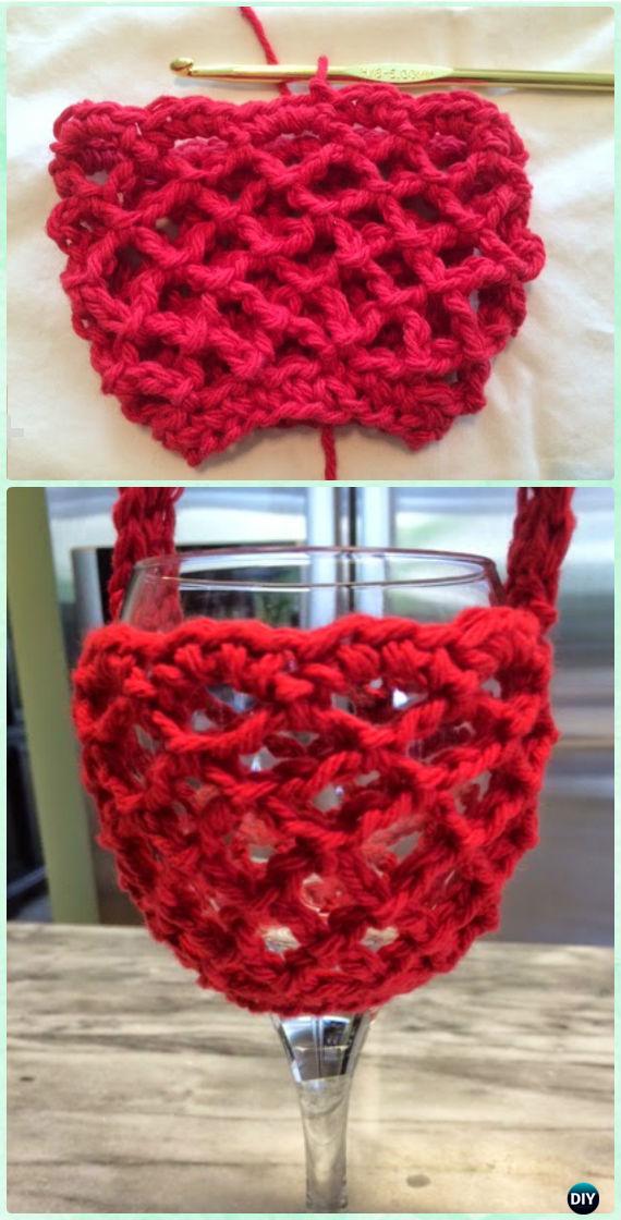 Crochet Net Wine Glass Holder with Neck Free Pattern - Crochet Wine Glass Lanyard Holder & Cozy Free Patterns 