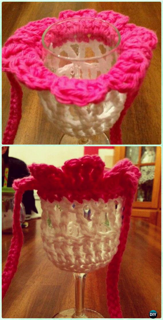 Crochet Pink flower wine glass holder with strap- Crochet Wine Glass Lanyard Holder & Cozy Free Patterns