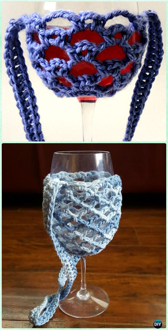 Crochet Mesh Lanyard Wine Glass Holder Pattern - Crochet Wine Glass Lanyard Holder & Cozy Free Patterns