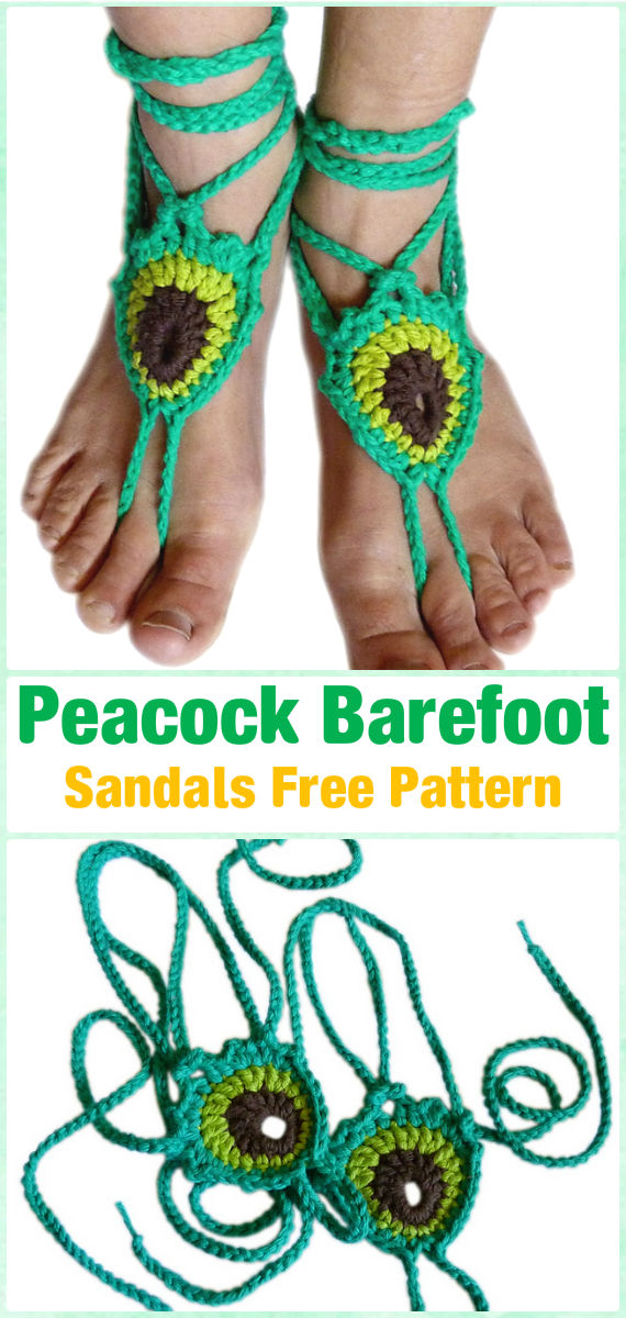Crochet Peacock Barefoot Sandals Free Pattern - Crochet Women Barefoot Sandal Anklets Free Patterns