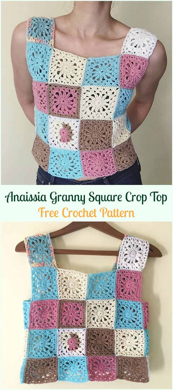 Anaissia Granny Square Crop Top Free Crochet Pattern - #Crochet; Women #CropTop; Free Patterns