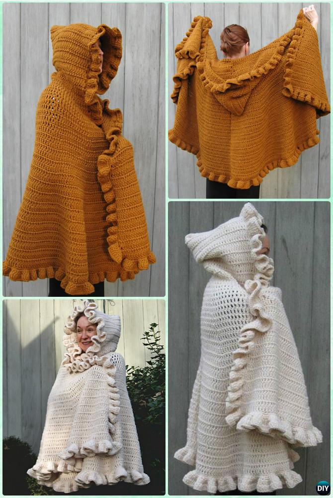 Crochet Ruffled Shawl Cape with Hoodie Free Pattern - Crochet Women Shawl Sweater Outwear Free Patterns