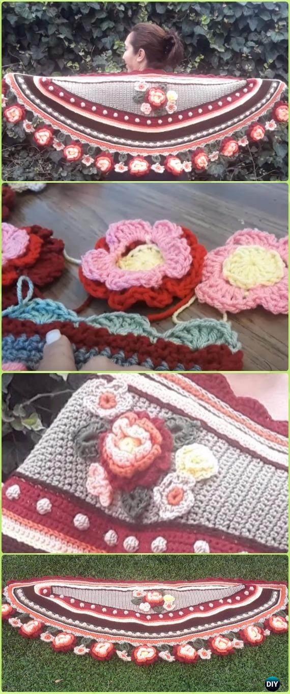 Crochet Half Moon Autumn Flower Shawl Free Pattern Video - Crochet Women Shawl Sweater Outwear Free Patterns