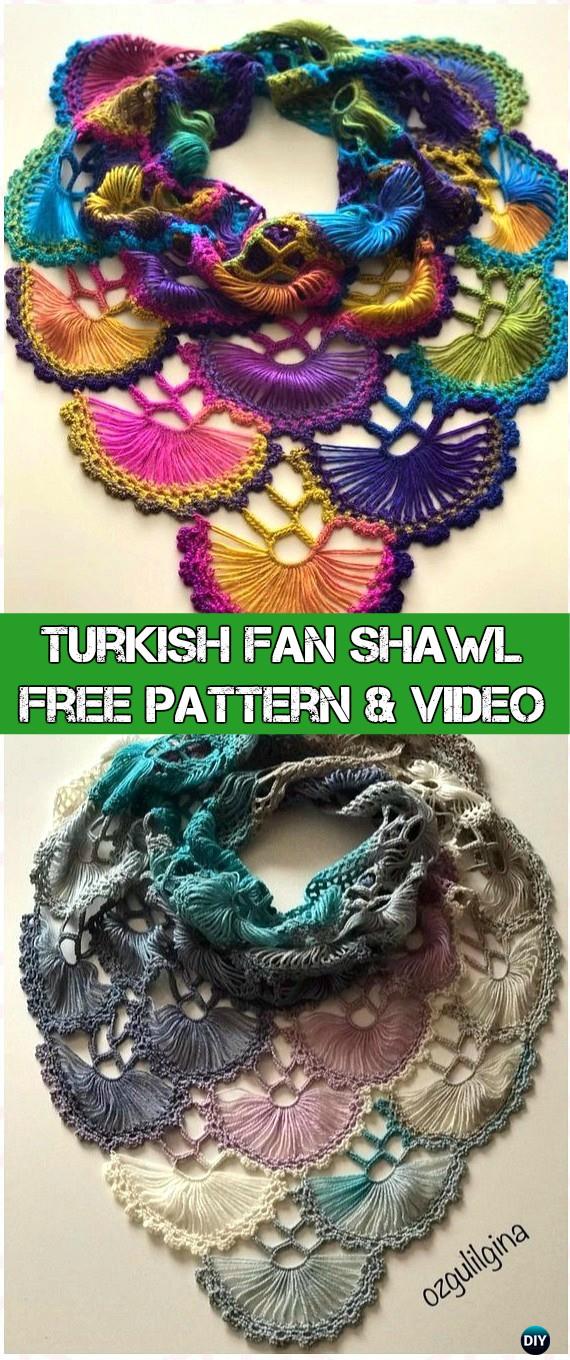 Crochet Turkish Fan Shawl Free Pattern & Video - Crochet Women Shawl Sweater Outwear Free Patterns