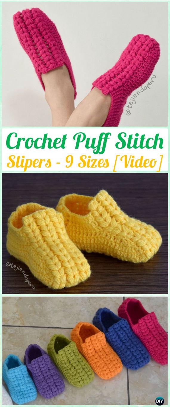 Crochet Unisex Puff Stitch Slippers Free Pattern [ 9 Sizes ]- Crochet Women Slippers Free Patterns