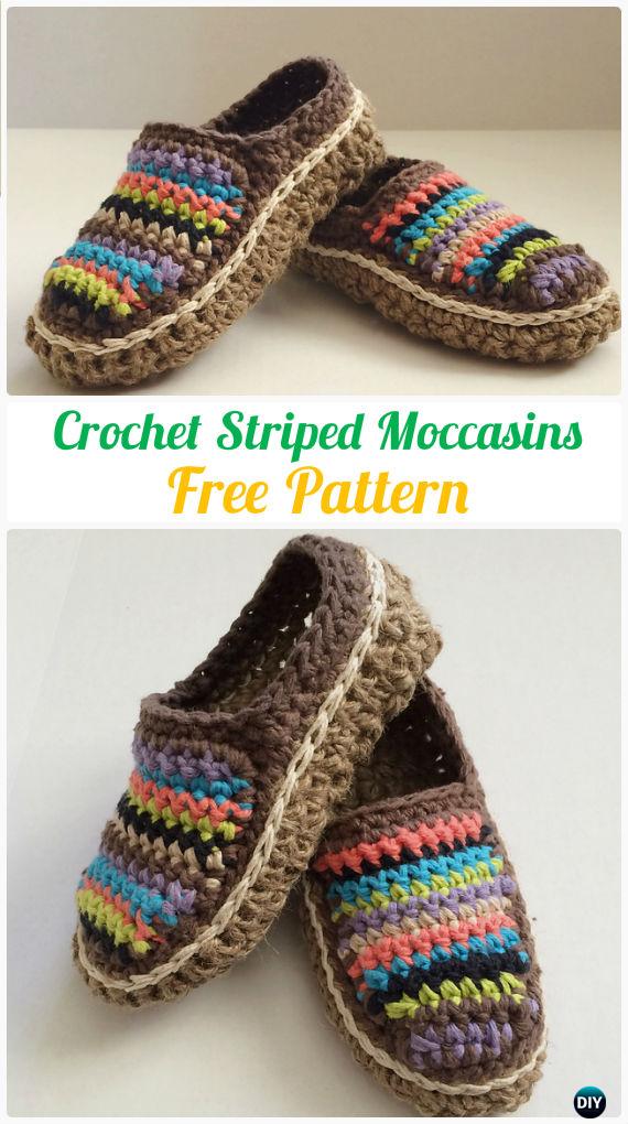 Crochet Striped Moccasins Free Pattern - Crochet Women Slippers Free Patterns 