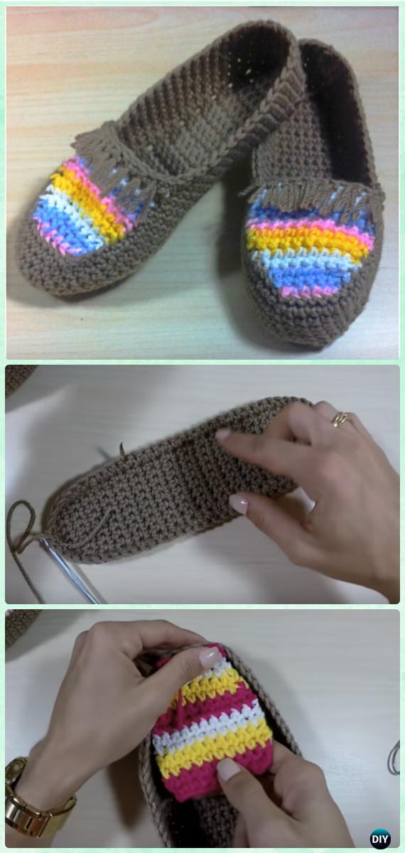 Crochet Easy Slip on Moccasin Slipper Free Pattern [Video] - Crochet Women Slippers Free Patterns 