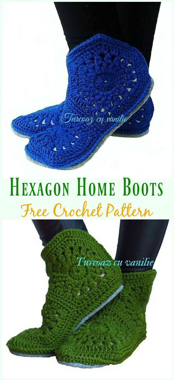 Hexagon Home Boots Free Crochet Pattern - #Crochet; Women Slipper #Boots; Free Patterns