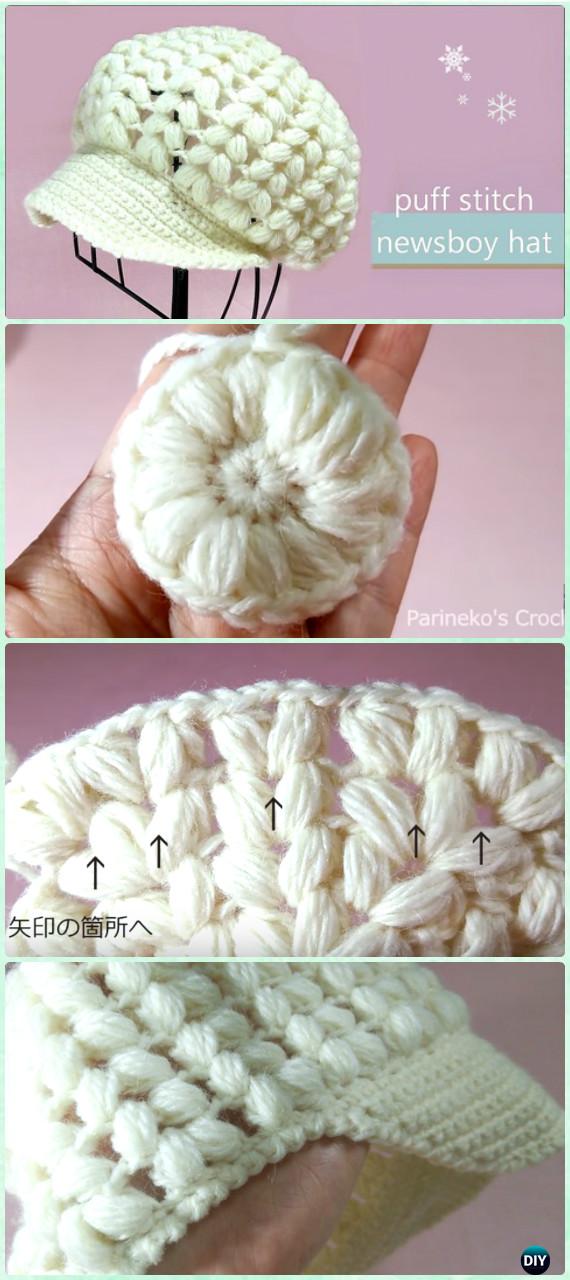 Crochet Puff Stitch Newsboy Hat Crochet Free Pattern& Video - Women #SunHat; Free #Crochet; Patterns