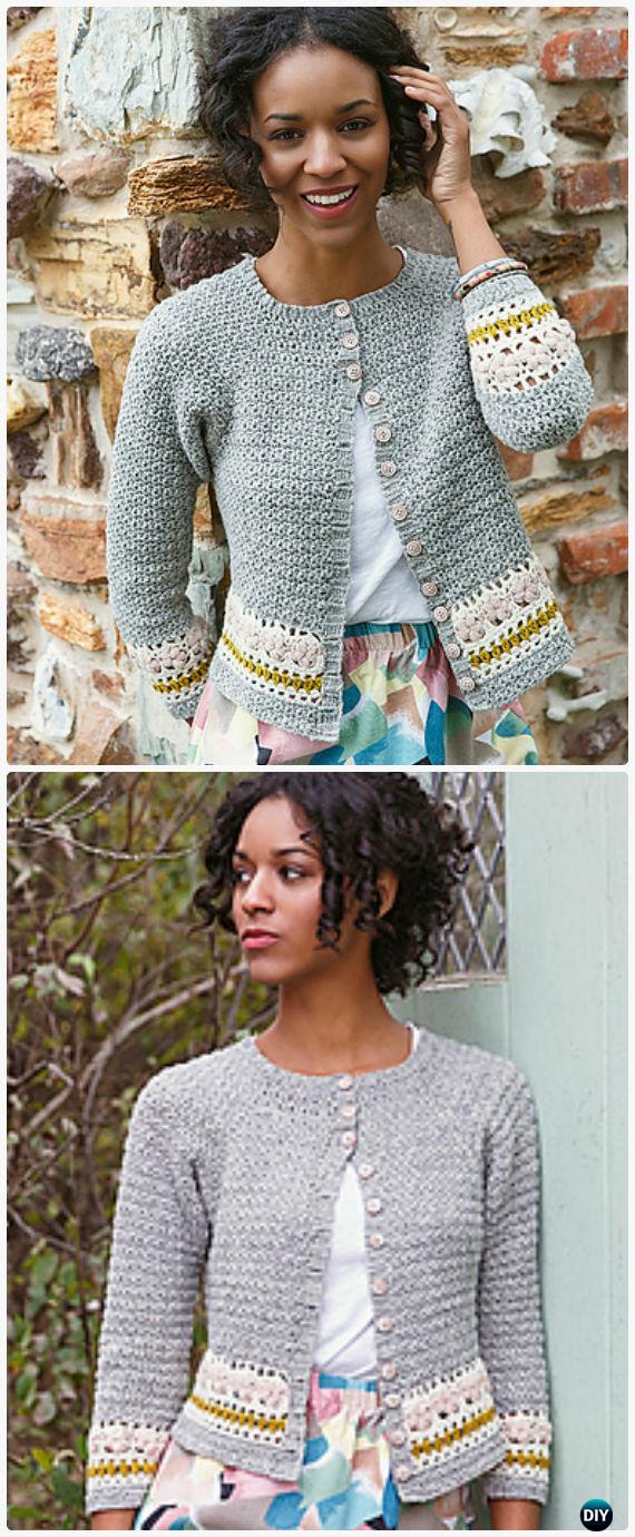 Crochet Crew Neck Stripe Cardigan Free Pattern - Crochet Women Sweater Coat-Cardigan Free Patterns