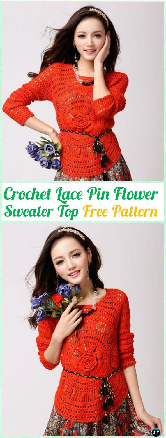 Crochet Hairpin Lace Flower Sweater Top Free Pattern - Crochet Women Pullover Sweater Top Free Patterns