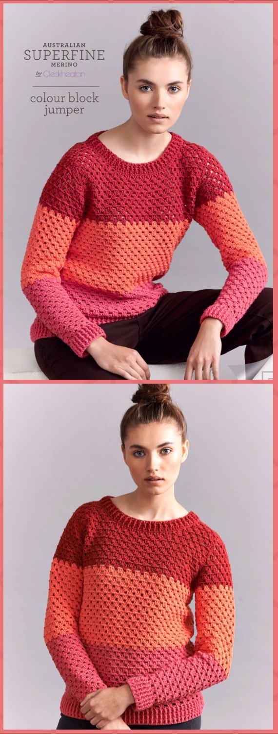 Crochet Color Block Jumper Sweater Free Pattern - Crochet Women Sweater Pullover Top Free Patterns 