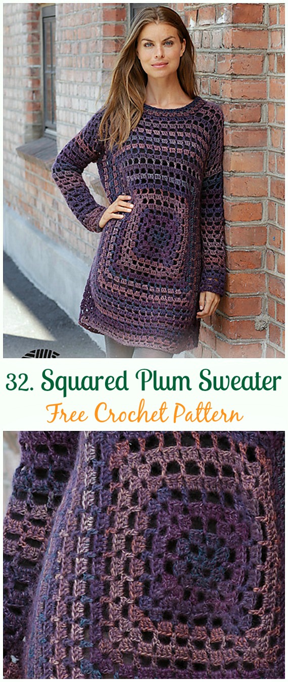 Squared Plum Sweater Pullover Crochet Free Pattern - #Crochet; Women #Sweater; #Pullover; Top Free Patterns