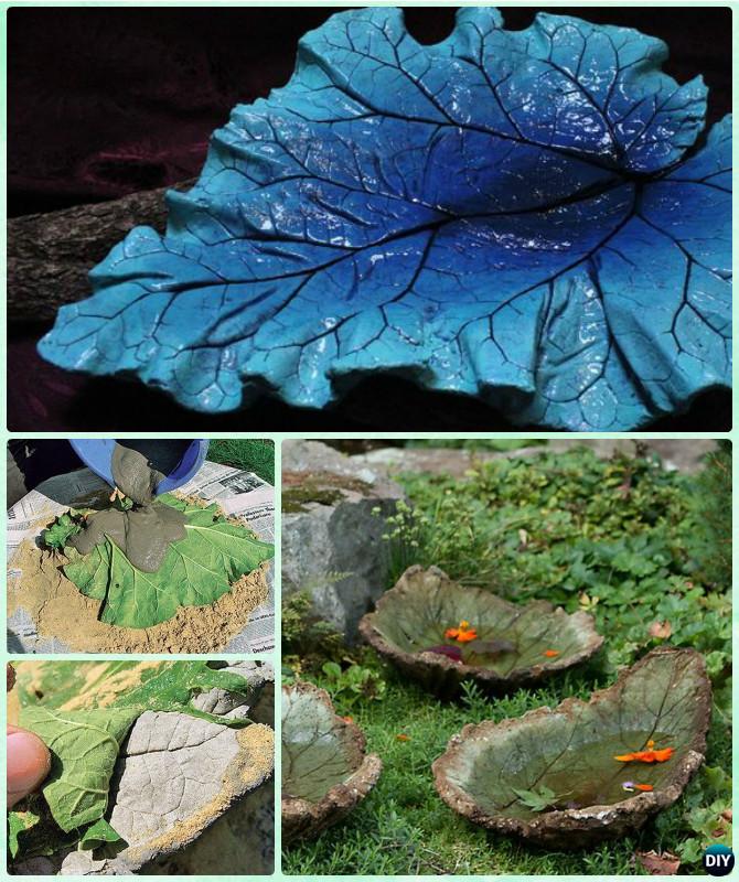 DIY Concrete Leaf Sand Cast Birdbath Instruction-DIY Big Rhubarb Leaf Garden Projects 