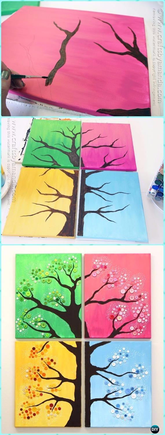 DIY 4 Seasons Button Tree Wall Art Canvas Instruction - DIY Canvas Wall Art Ideas Tutorials