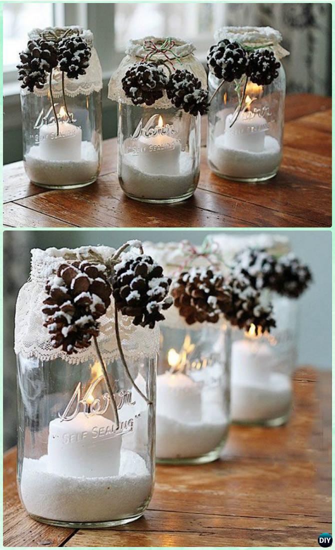 DIY Snowy Pinecone Candle Mason Jar Lights Instruction -DIY Christmas Mason Jar Lighting Craft Ideas