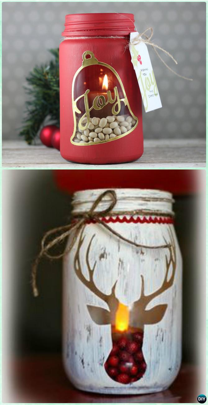 DIY Stenciled Mason Jar Candle Holder Christmas Lights Instruction -DIY Christmas Mason Jar Lighting Craft Ideas